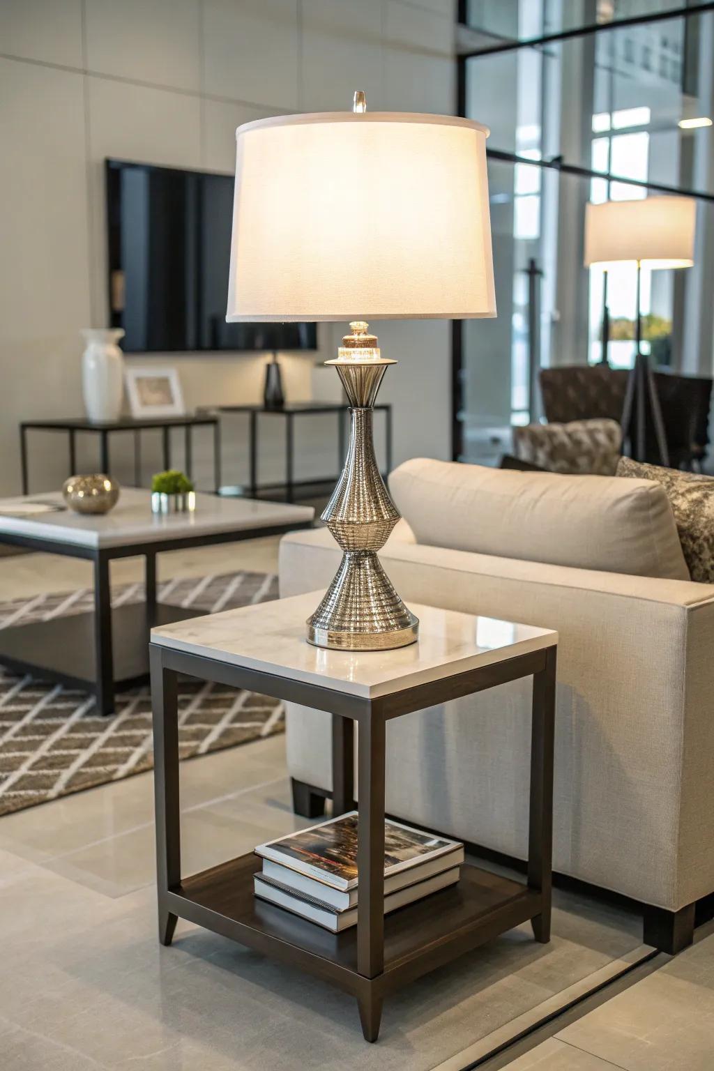 A small side table elevated by a stylish desk light.