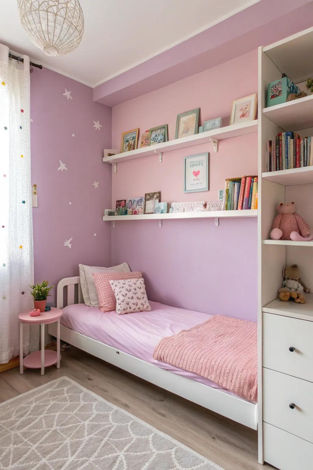 Pink and lavender pastel walls create a tranquil setting.