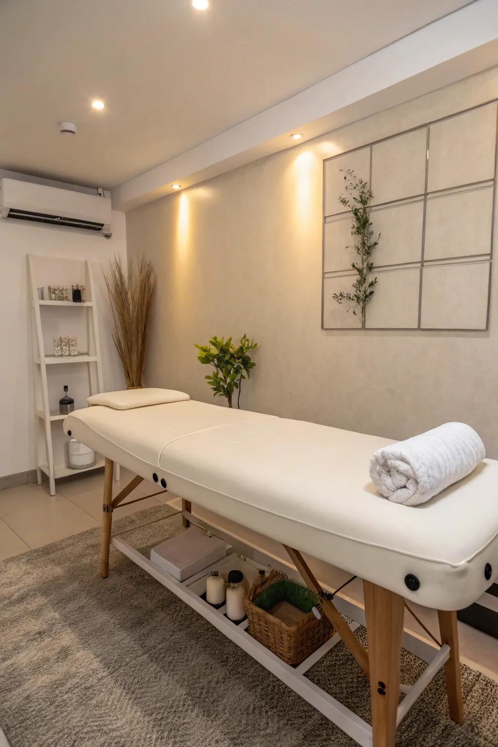 A minimalist design with elegant furniture maintains a spacious feel in your massage area.