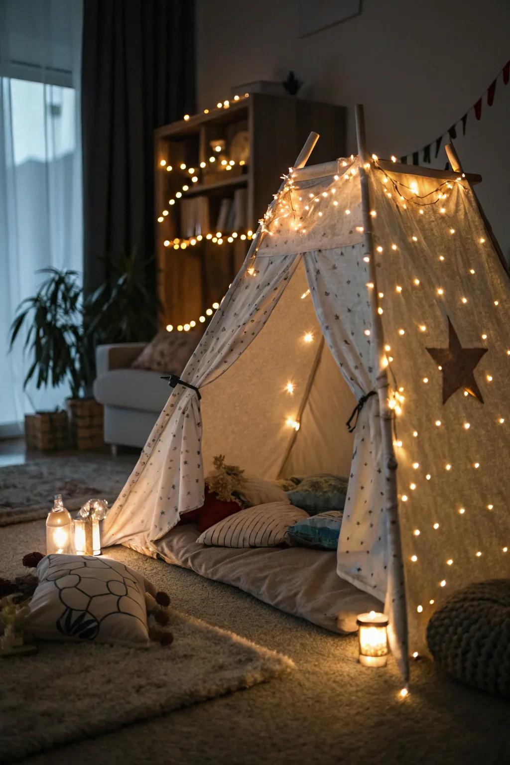 Magical string lights enhancing a cozy indoor tent.