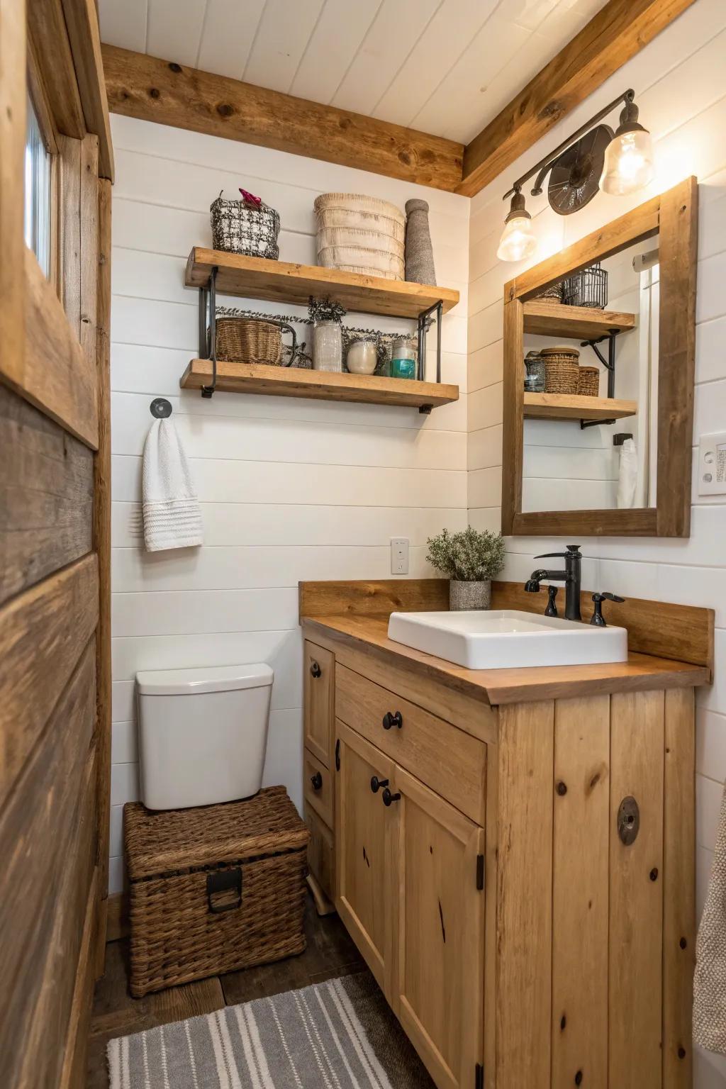 Upcycled wood gives small bathrooms warmth and texture.