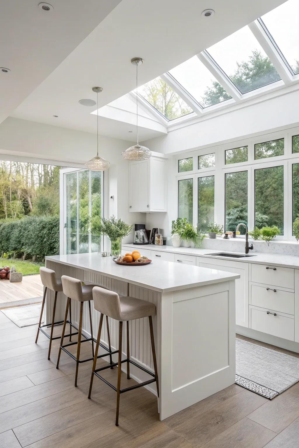 Sunlight makes a small bright kitchen more spacious.