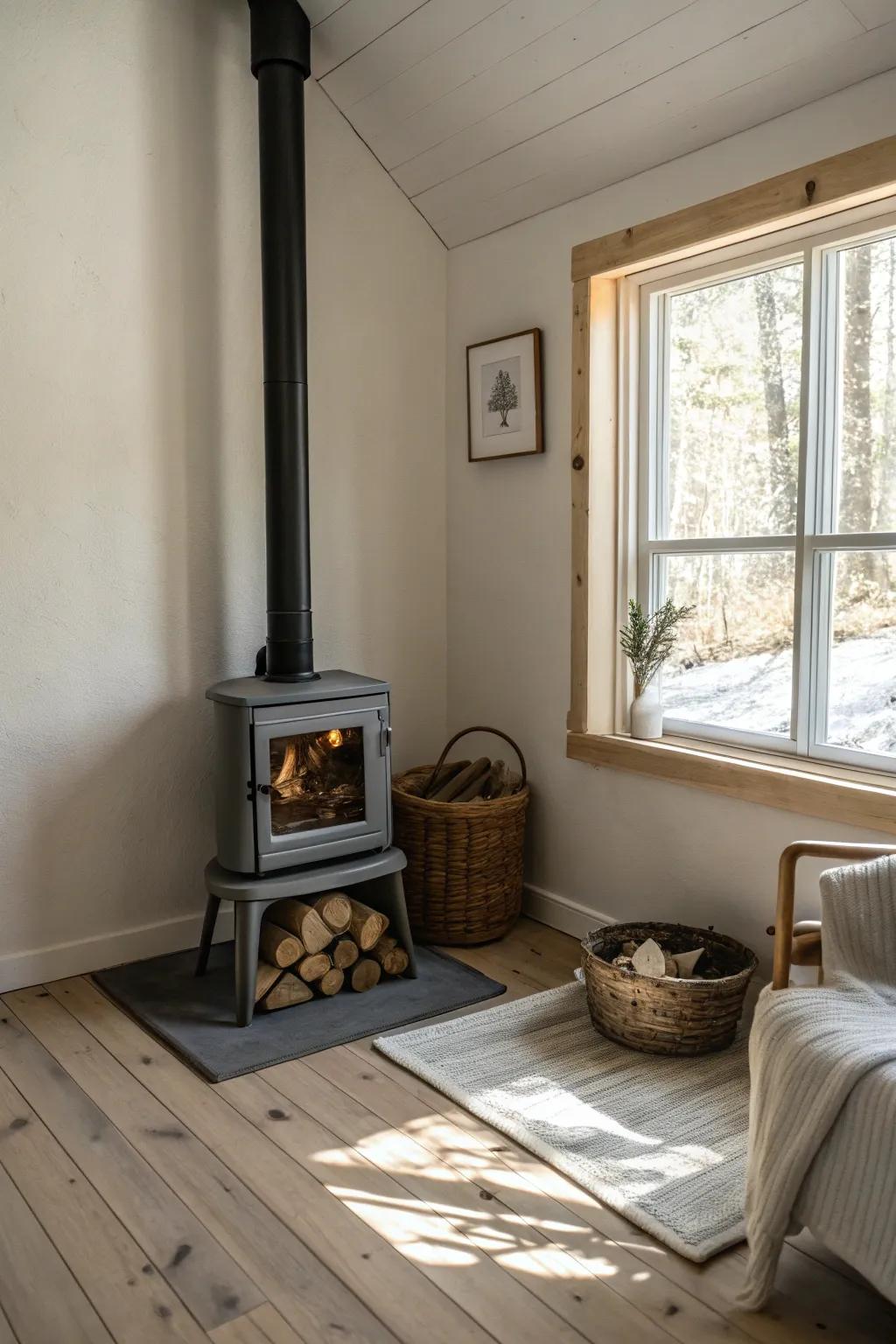 A small hearth heater perfectly nestled in a corner, enhancing both space and style.