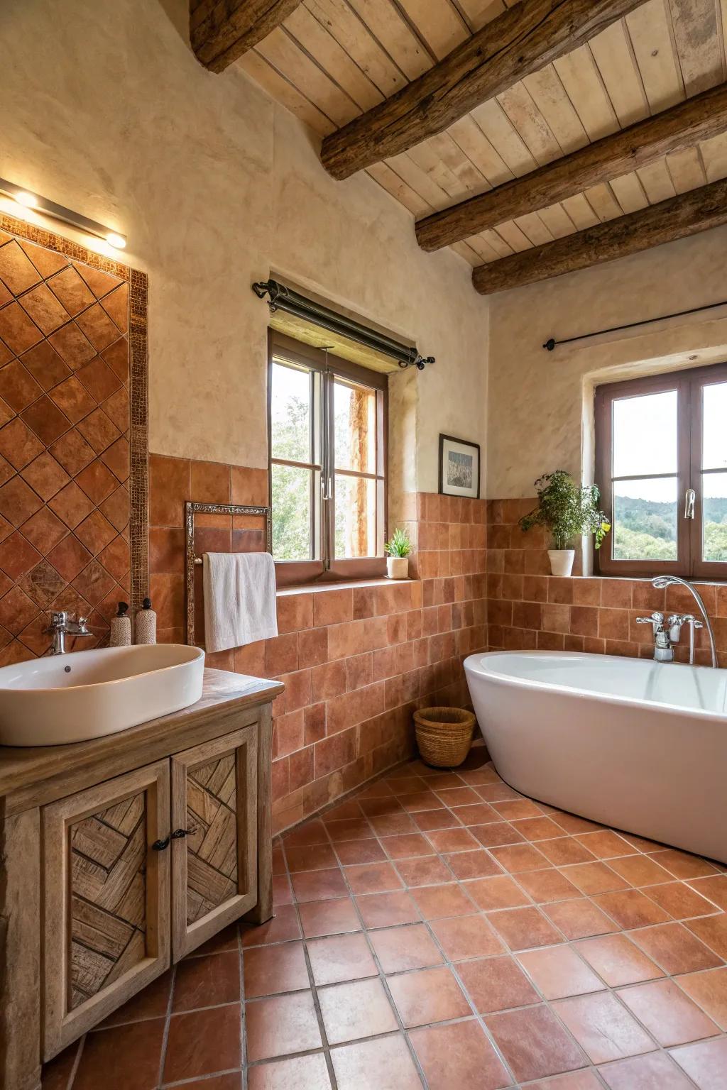 The comforting terracotta shades lay a welcoming foundation for a gorgeous Spanish-style bathroom.