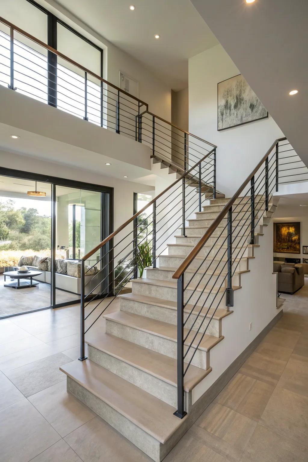 A minimalist stairway using streamlined metal banisters transforms the room.