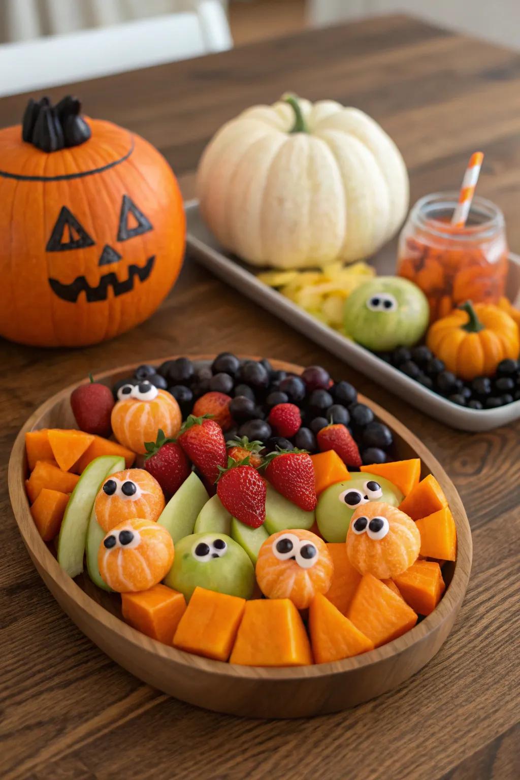 A mesmerizing Halloween fruit platter, a spectacle that’s both terrifying and tempting.