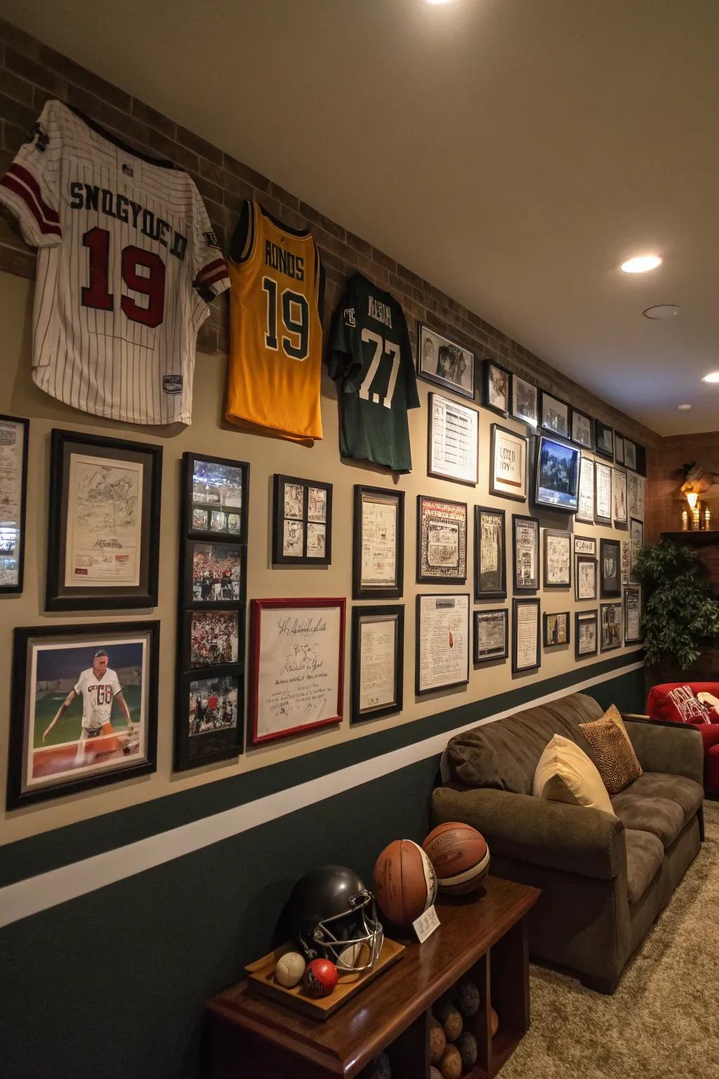 A man cave beautifully displaying a collection of sports memorabilia.