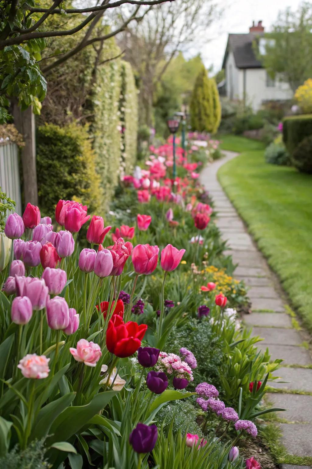 A breathtaking tulip border showcasing a spectrum of brilliant shades.