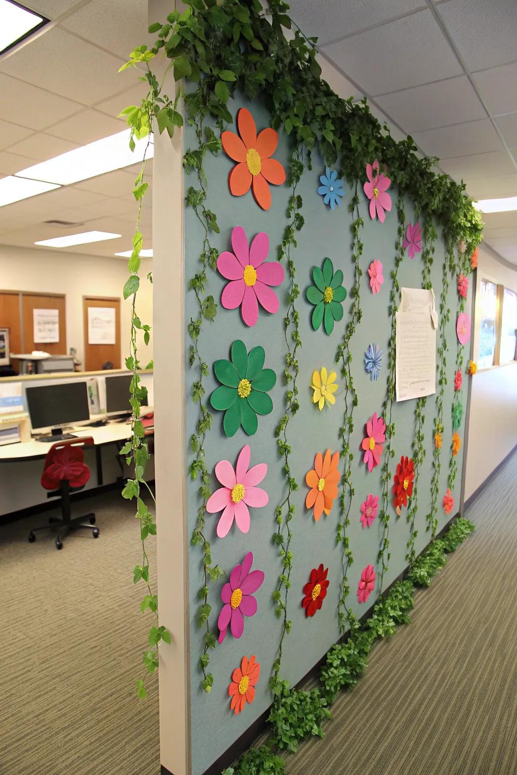 An office mood board blossoming with radiant paper flowers and rich green vines.