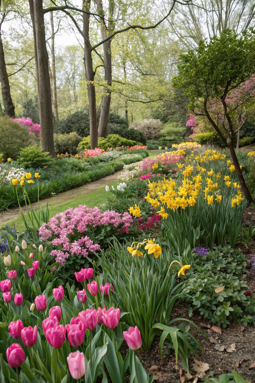 A vivid flower bed erupting with springtime colors.