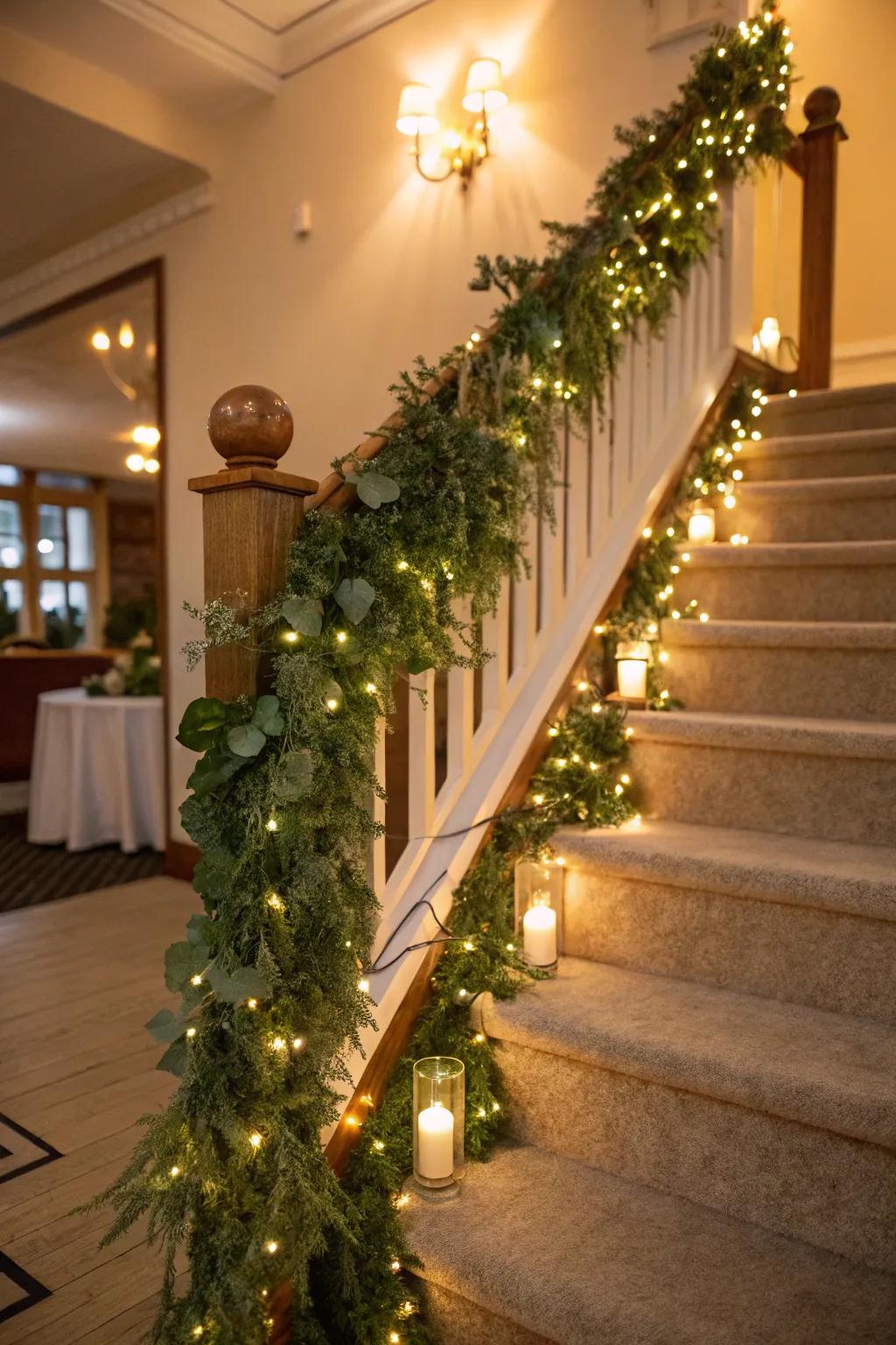 A staircase enhanced with luxurious greenery and shining glow bug lights.