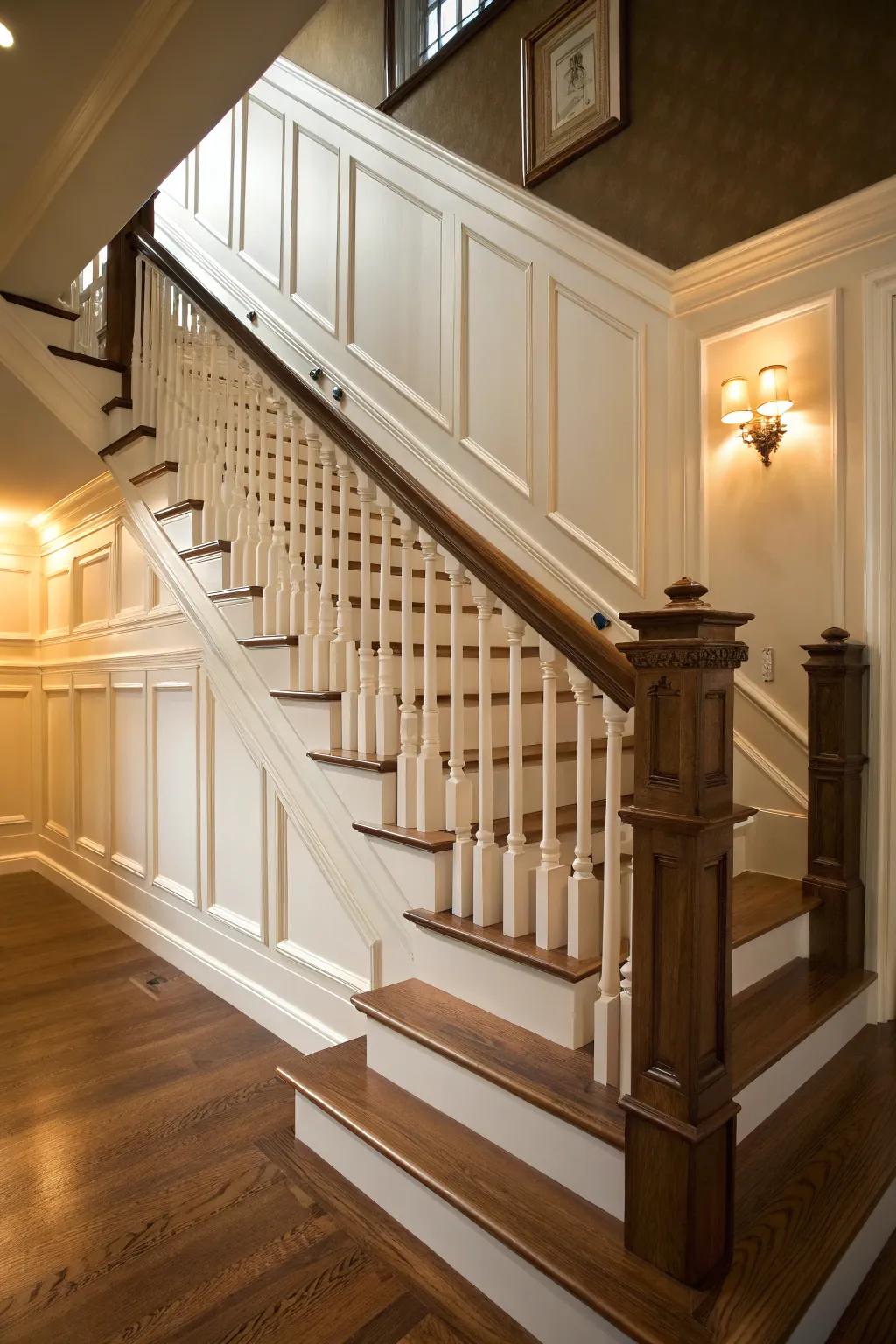 Classic wainscoting lends timeless elegance to any staircase.