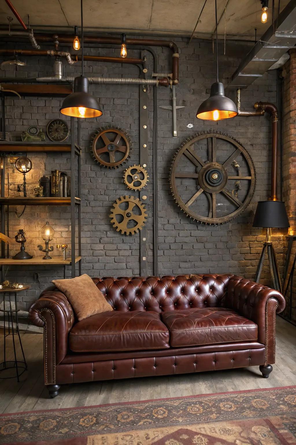 A luxurious Victorian leather couch reigns supreme in this steampunk living space.