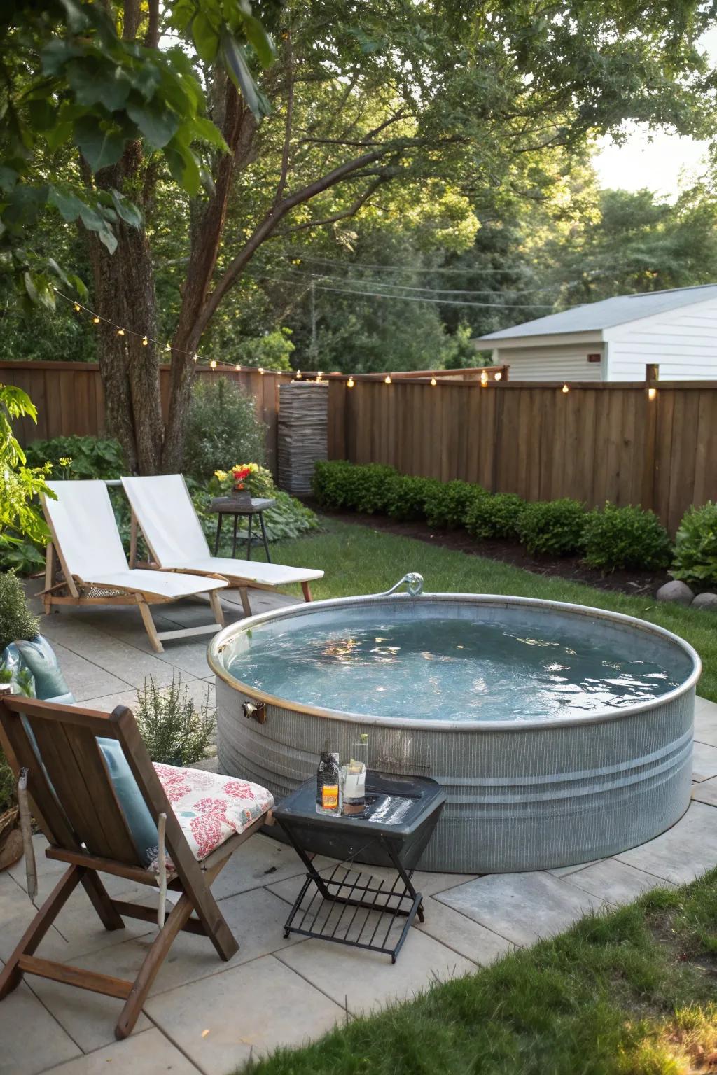 A snug nook showcasing a stock tank pool alongside comfortable seating.