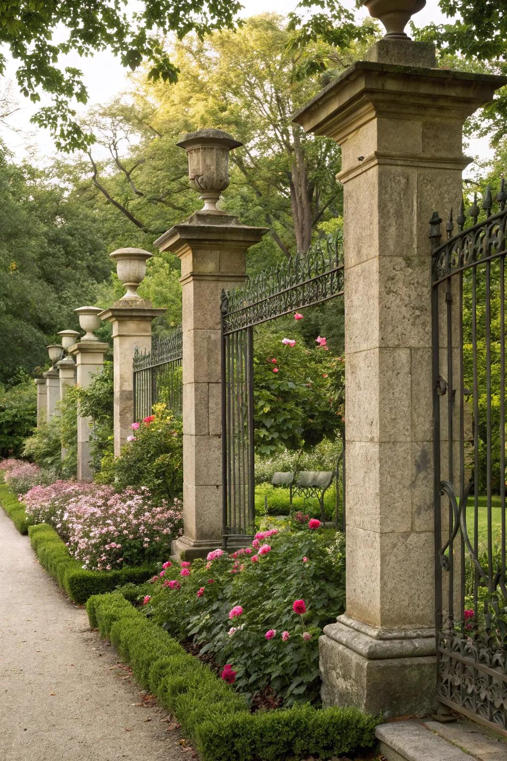 Stone pillars elegantly matched with intricate iron railings in a garden setting.