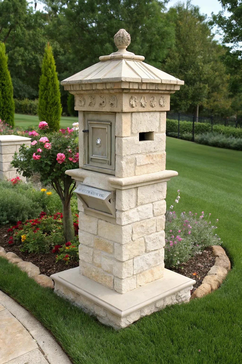 Limestone mailboxes bring timeless beauty with a rustic feel.