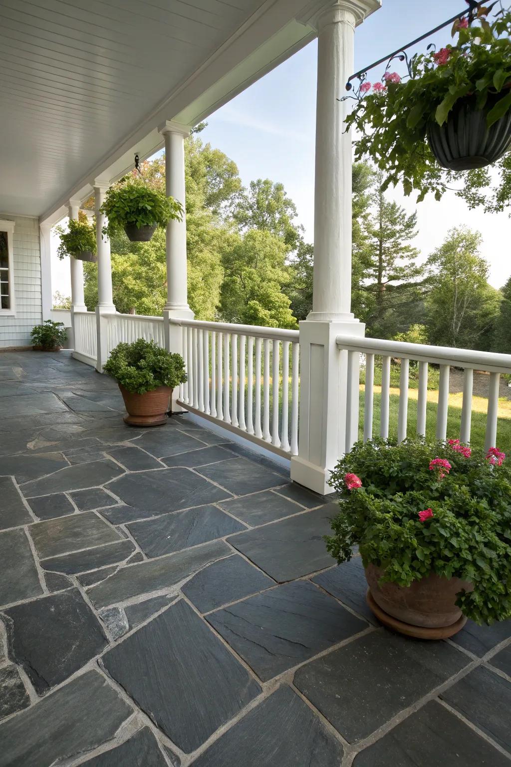 Gray rock slab brings lasting beauty to any porch.