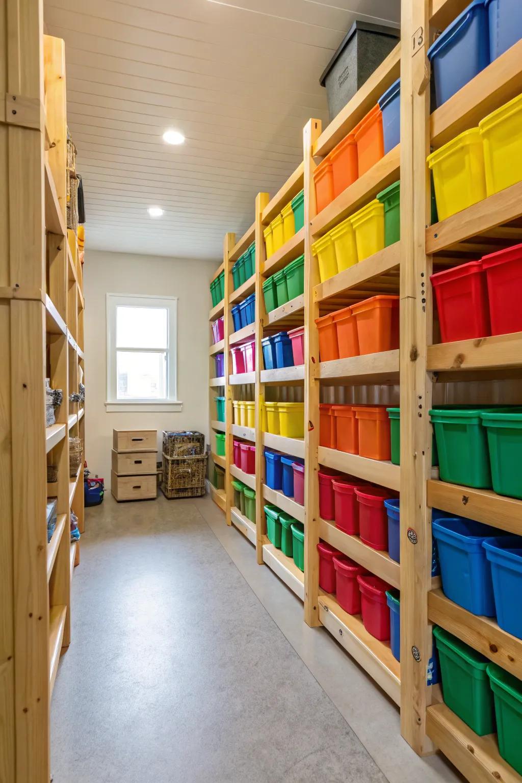 Endless storage opportunities arise with floor-to-ceiling shelving.