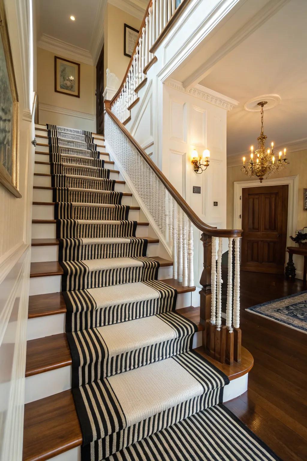 The enduring grace of an onyx and ivory striped stair runner graces a traditional setting.