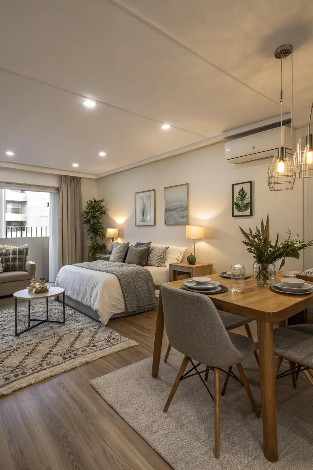 An open design ethos amplifies spaciousness within a studio apartment.