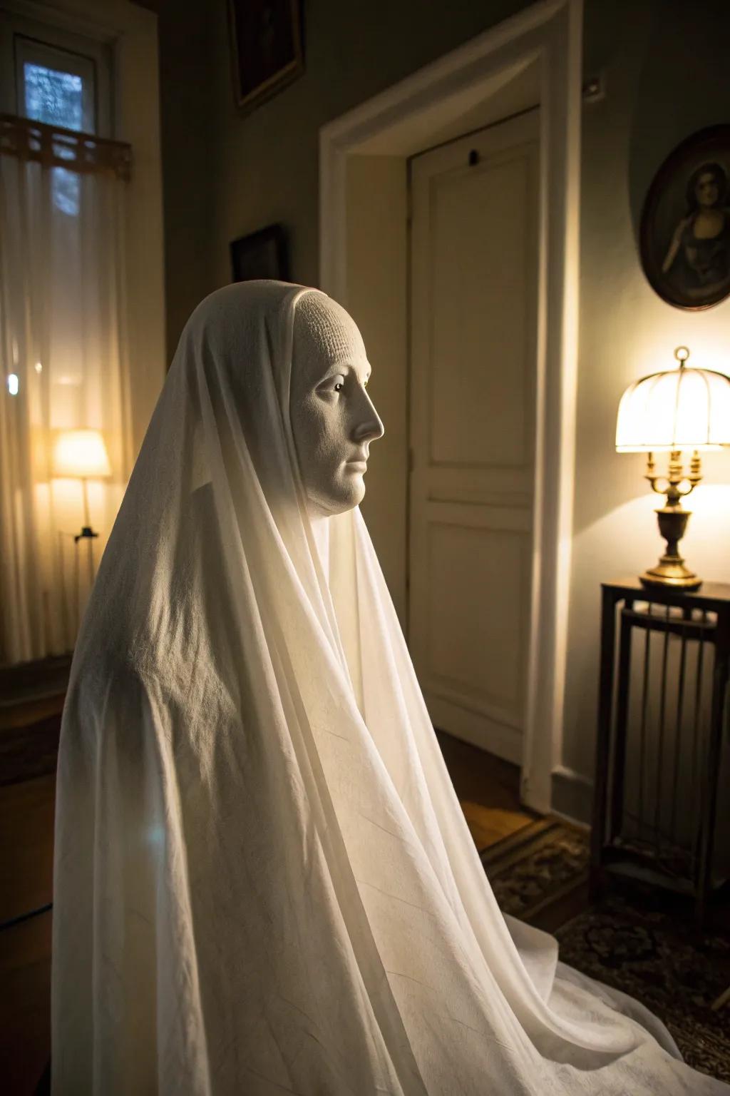 An ethereal head swathed in fabric, ideal for fostering a haunting environment.