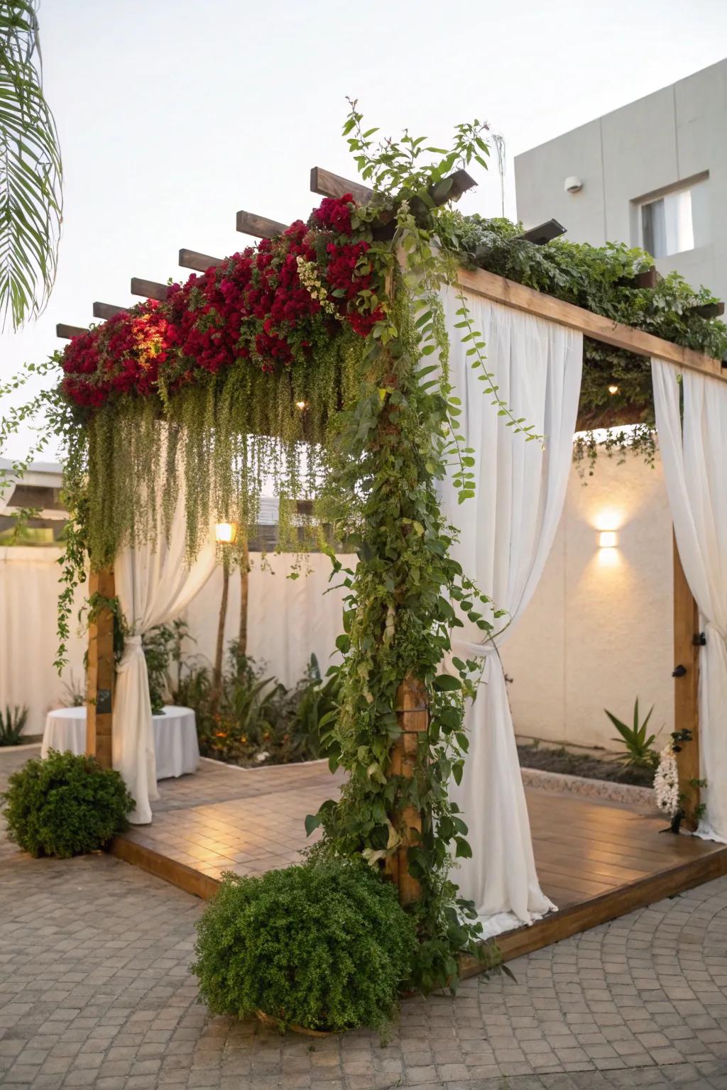 A sukkah decorated with lush greenery and dangling vines, creating a tranquil setting.