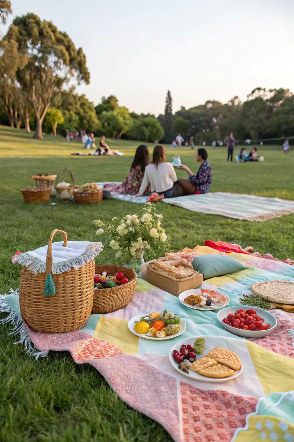 A peaceful picnic in the meadow sets a calming birthday atmosphere.
