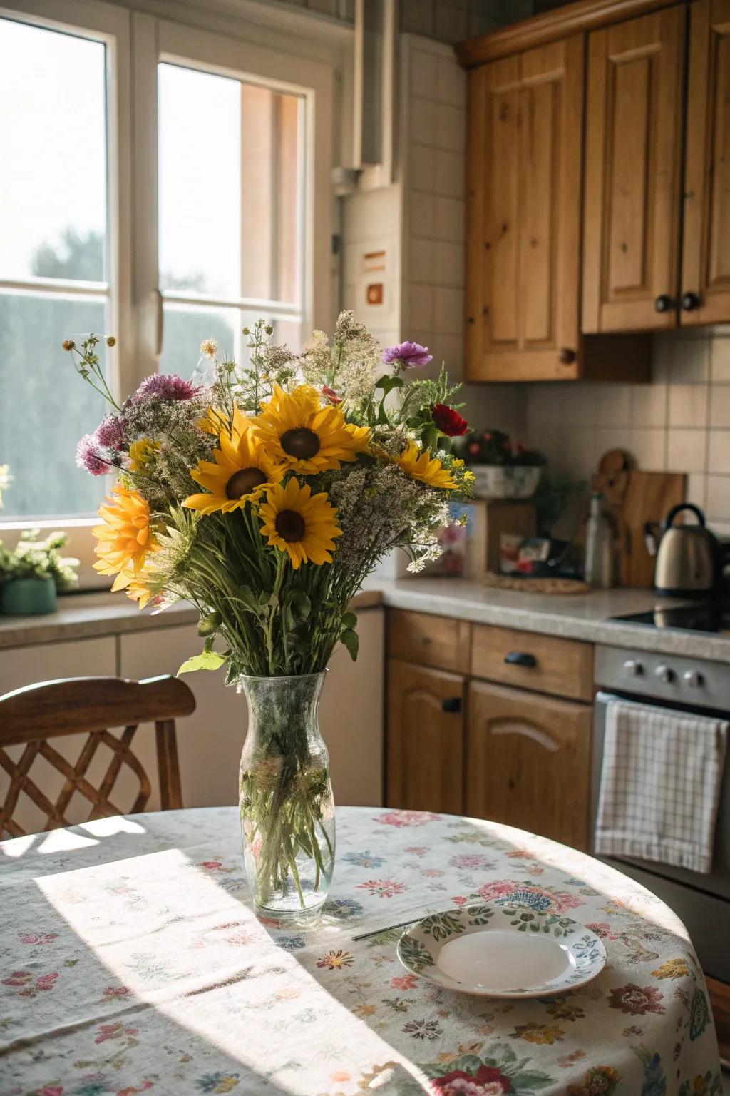 A vivid collection of sunflowers and wildflowers enhances a comfortable kitchen environment.