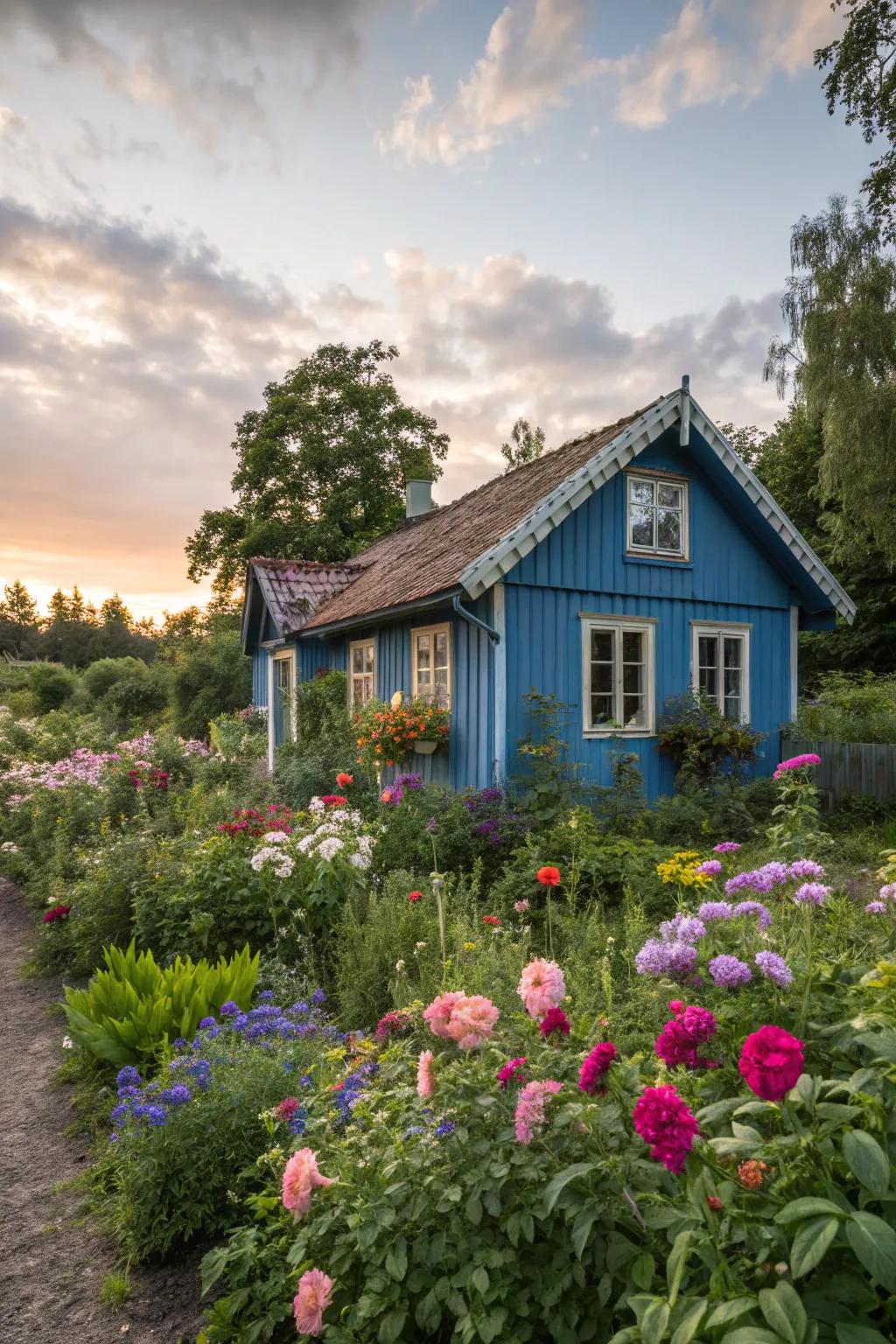 A summer house painted in a striking blue tone stands out beautifully in a lively garden.