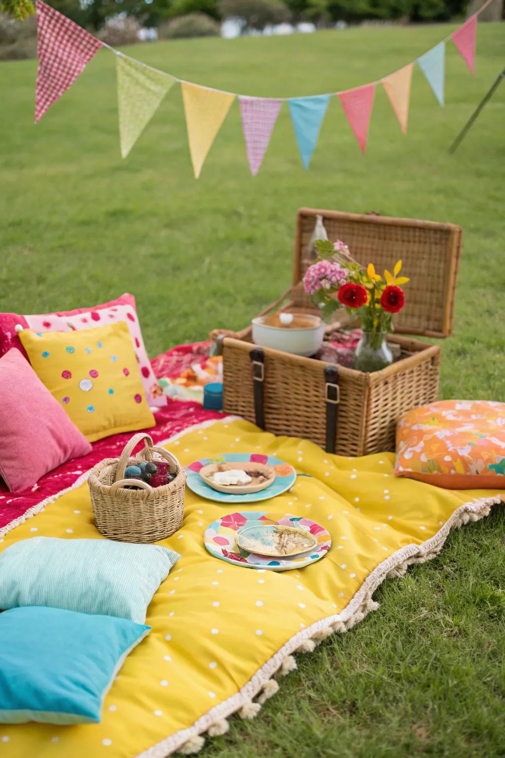 A picnic space filled with bright shades and comfortable seating options
