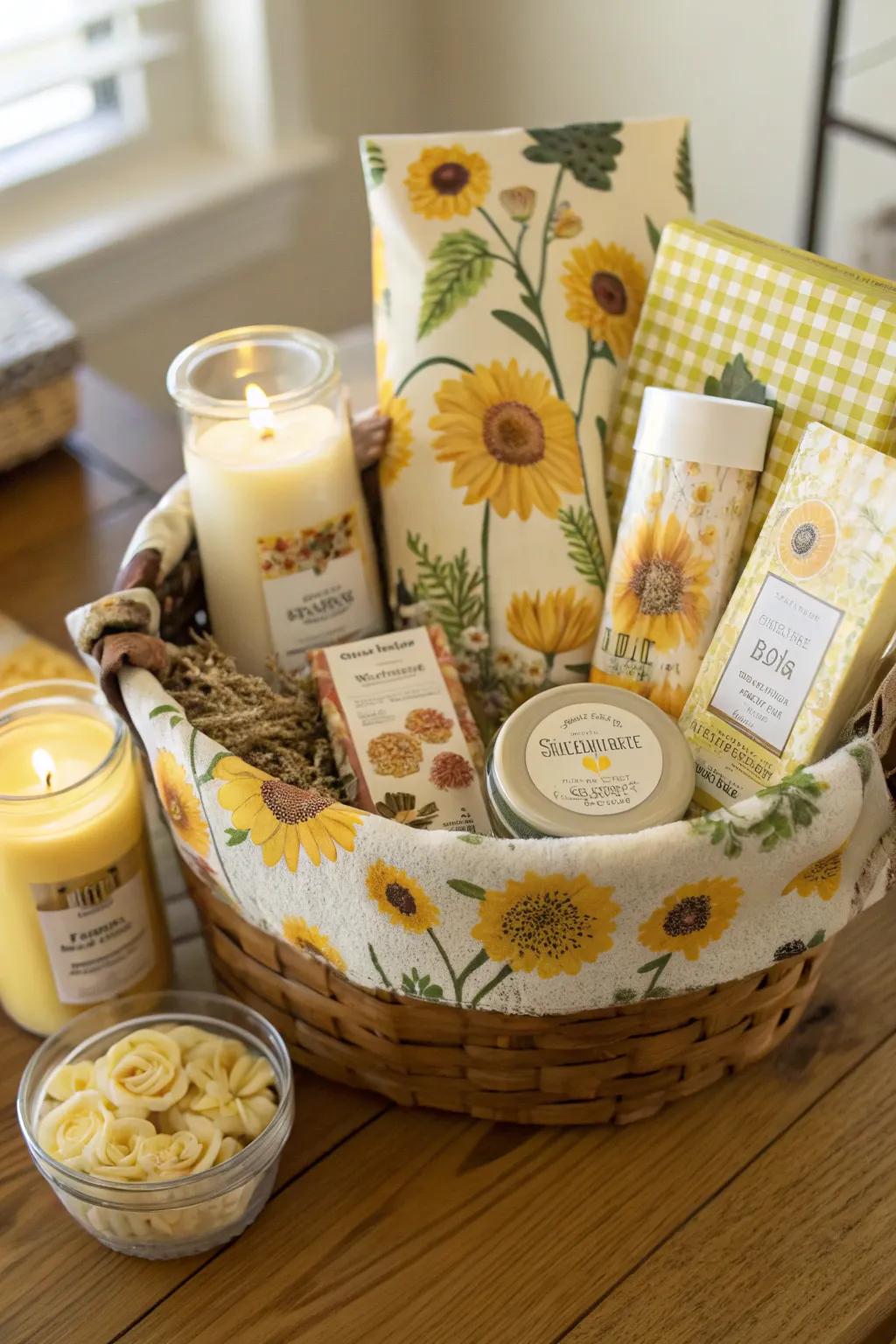 A sunflower delight gift basket filled with thoughtful presents.