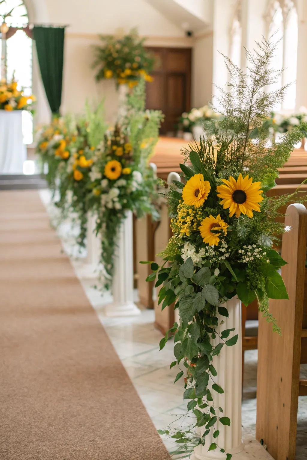 A wedding aisle beautifully enhanced with sunshine blooms and verdant foliage.
