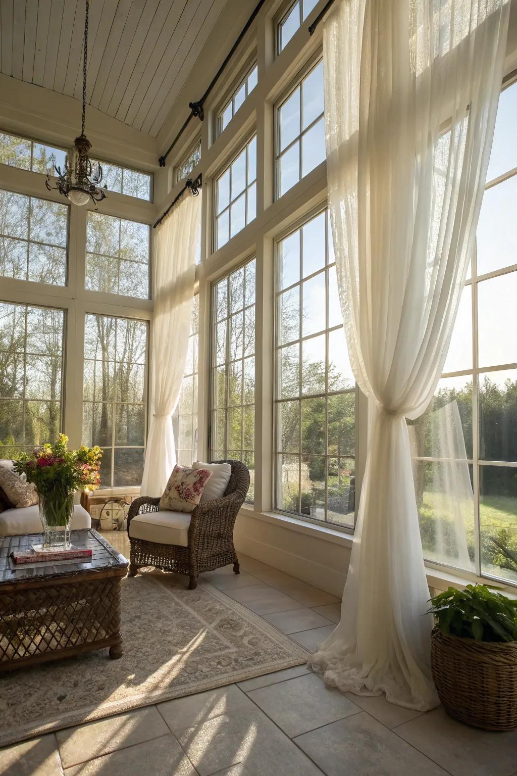 Sheer curtains allow sunlight to fill the room, enhancing its natural beauty.