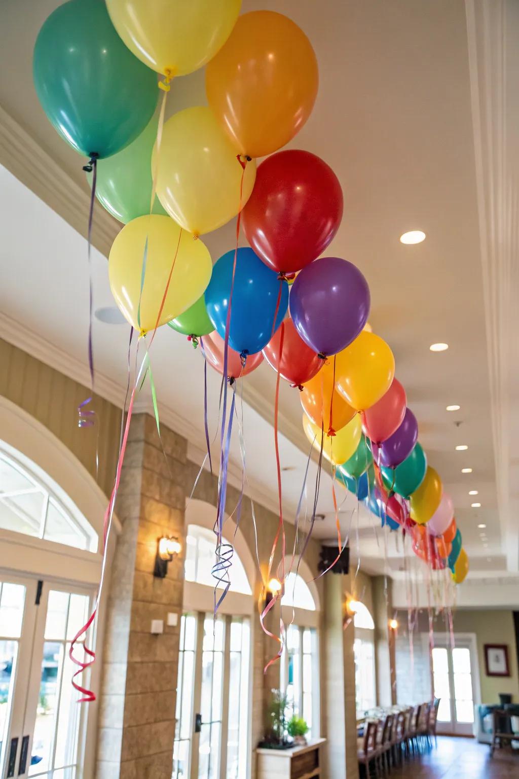A ceiling adorned with festive spheres, ideal for a birthday surprise.