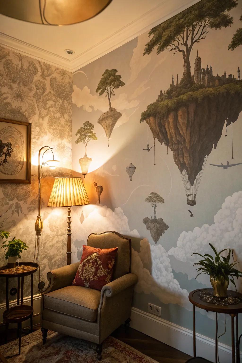A living room is adorned with surreal wallpaper showcasing islands suspended in the air.
