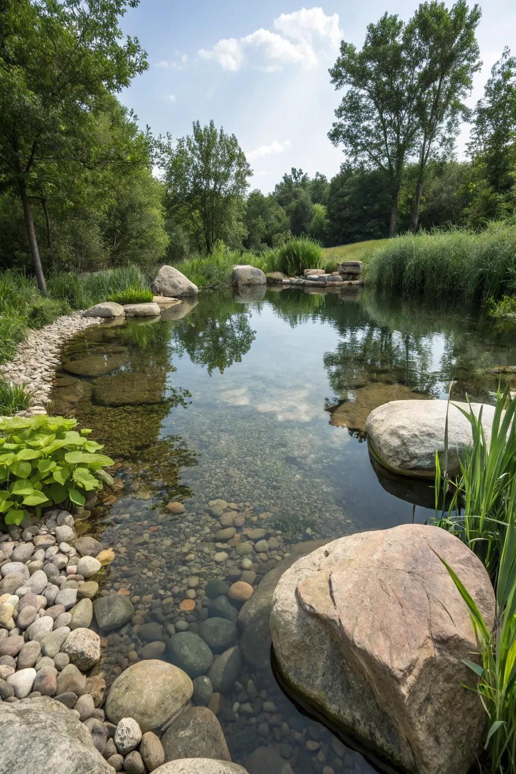 Natural rocks and pebbles create a seamless, organic look for this swimming pond.