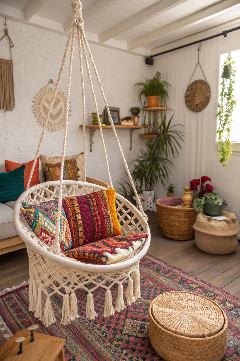 A bohemian macrame swing infuses a sense of whimsy and comfort into any space.