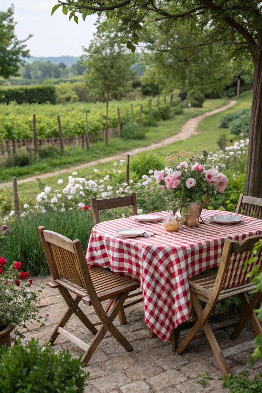 A traditional red and white checkered tablecloth instantly transforms any table into a barbecue-ready focal point.