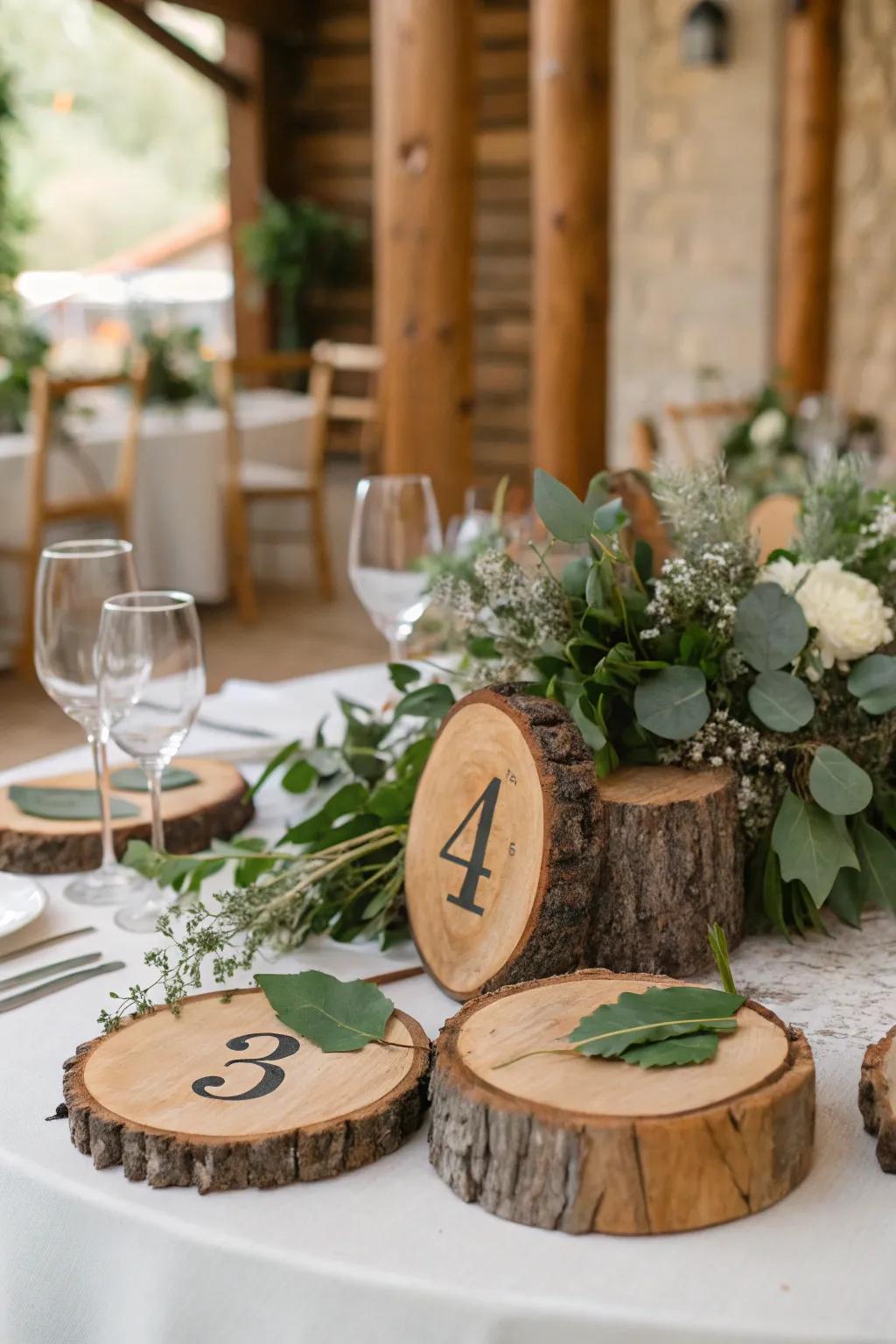 Earthy wood rounds contribute a unique appeal to any nature-inspired celebration.