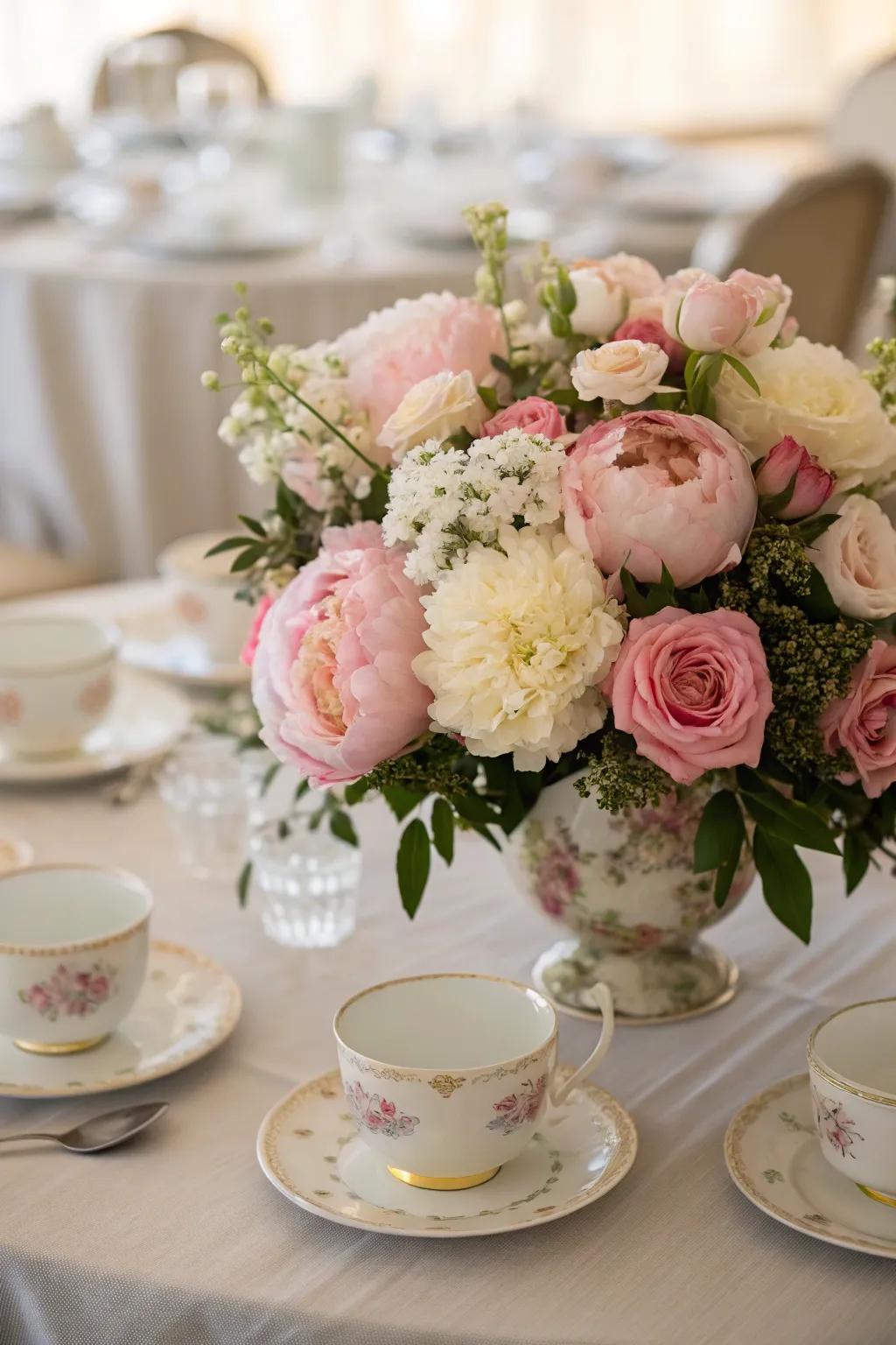 A floral centerpiece featuring peonies and roses truly elevates the tea party table.