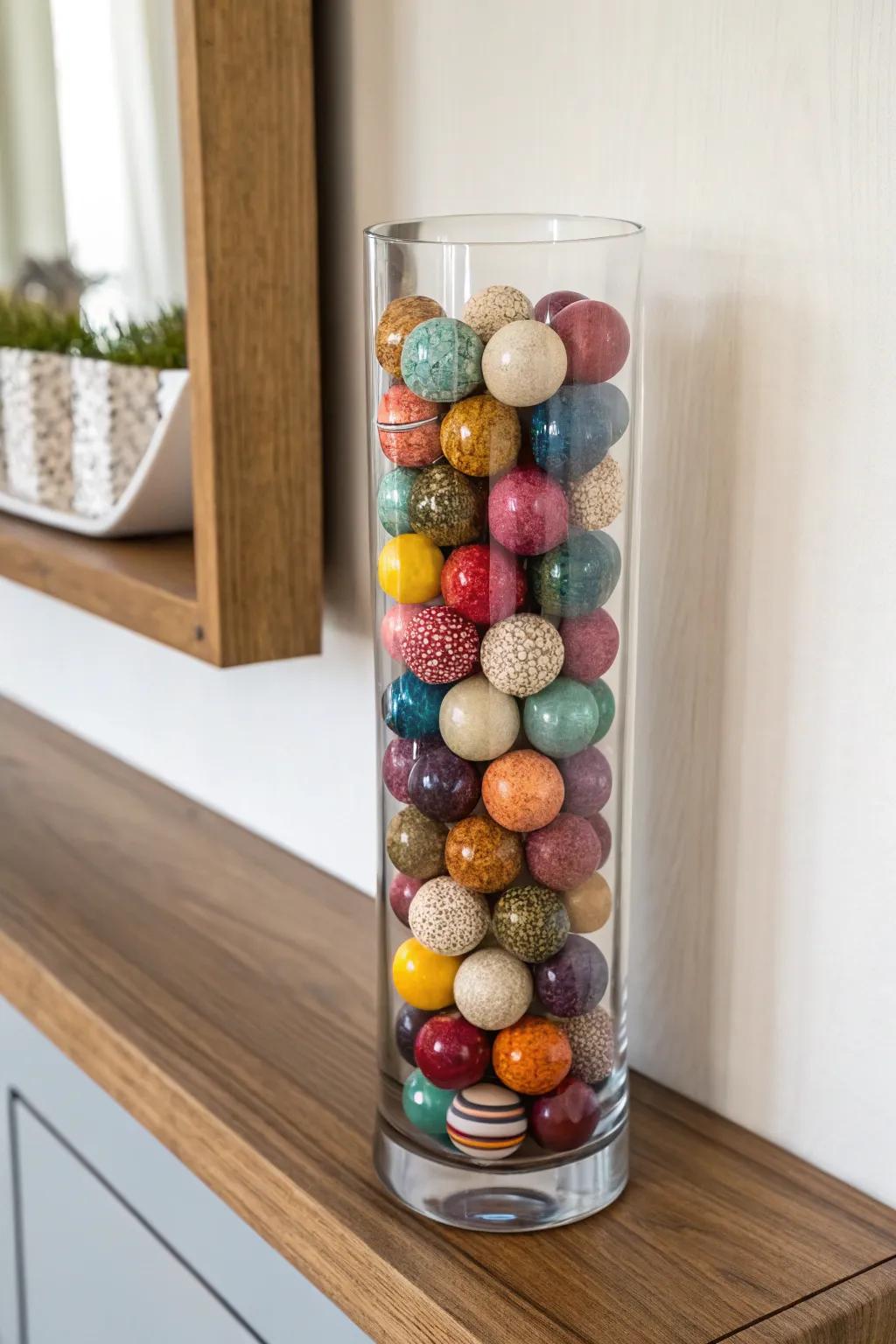 A tall glass vase filled with colorful decorative orbs, lending a playful element to a minimalist display shelf.