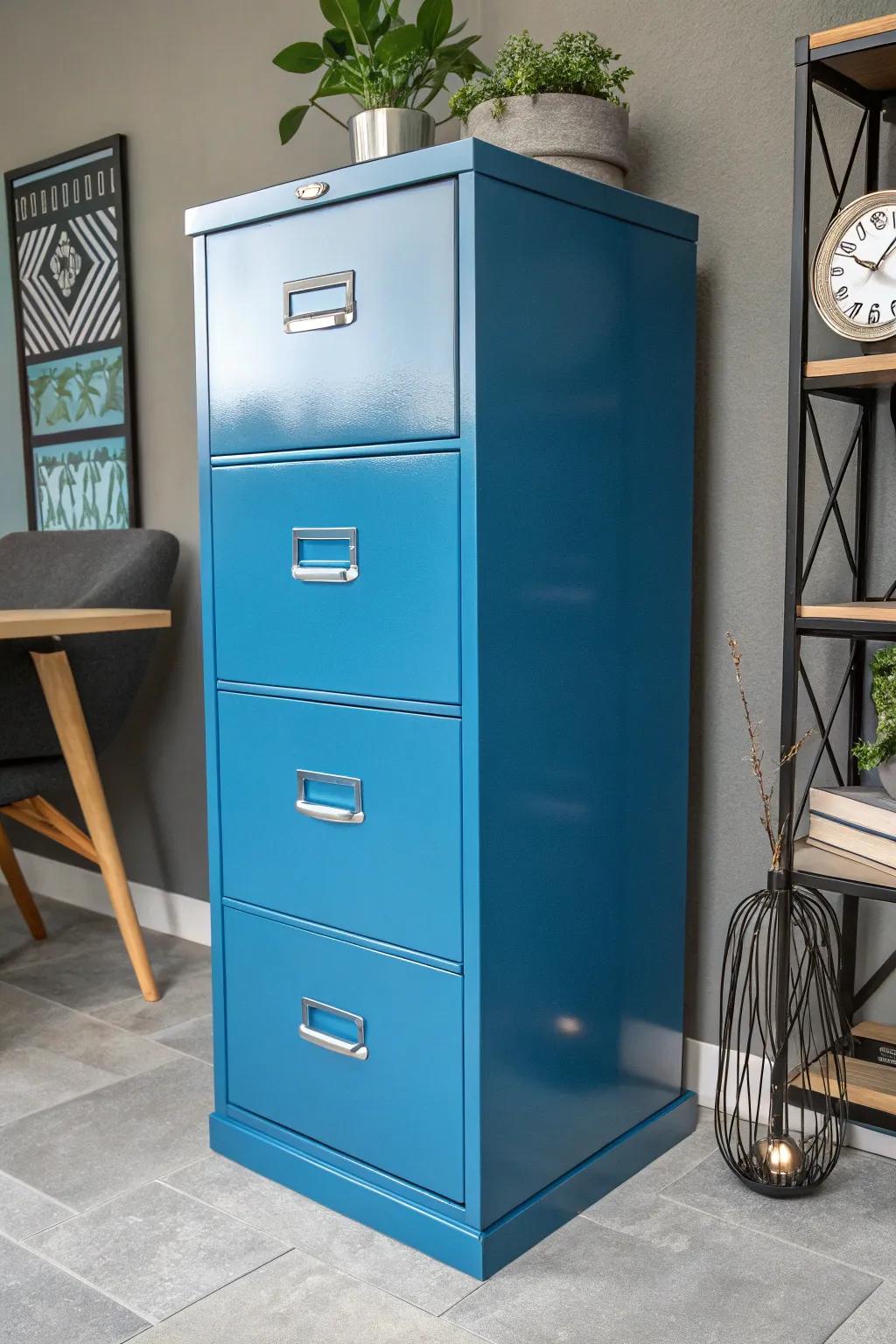 Invigorate your workspace with a burst of vibrant color! This electric blue filing cabinet injects life and flair into any office setting.