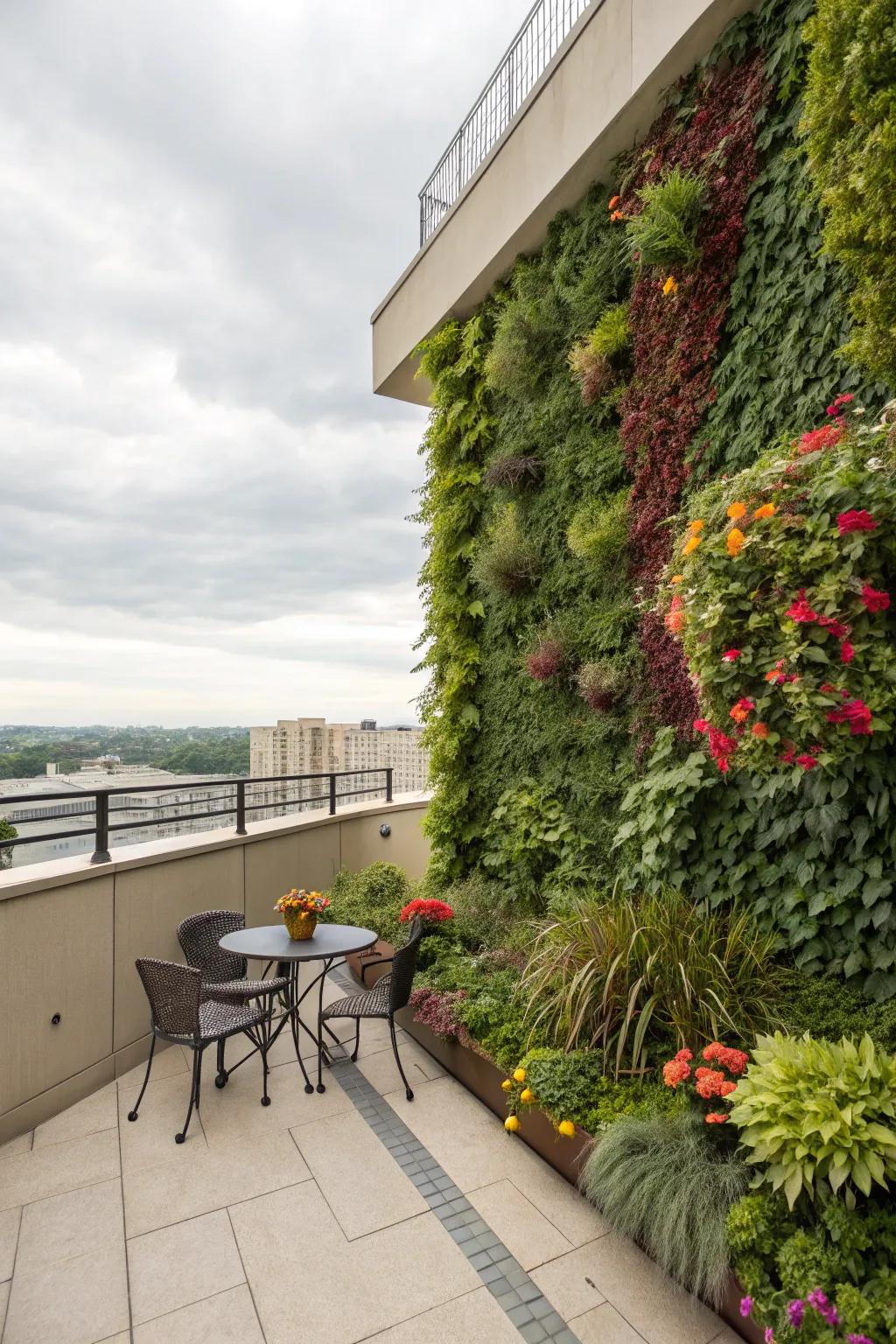 Vertical gardens breathe life and inject color into terrace walls.
