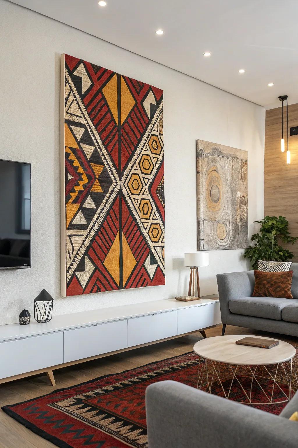 A bold geometric artwork with texture adds a modern element to this fashionable living area.