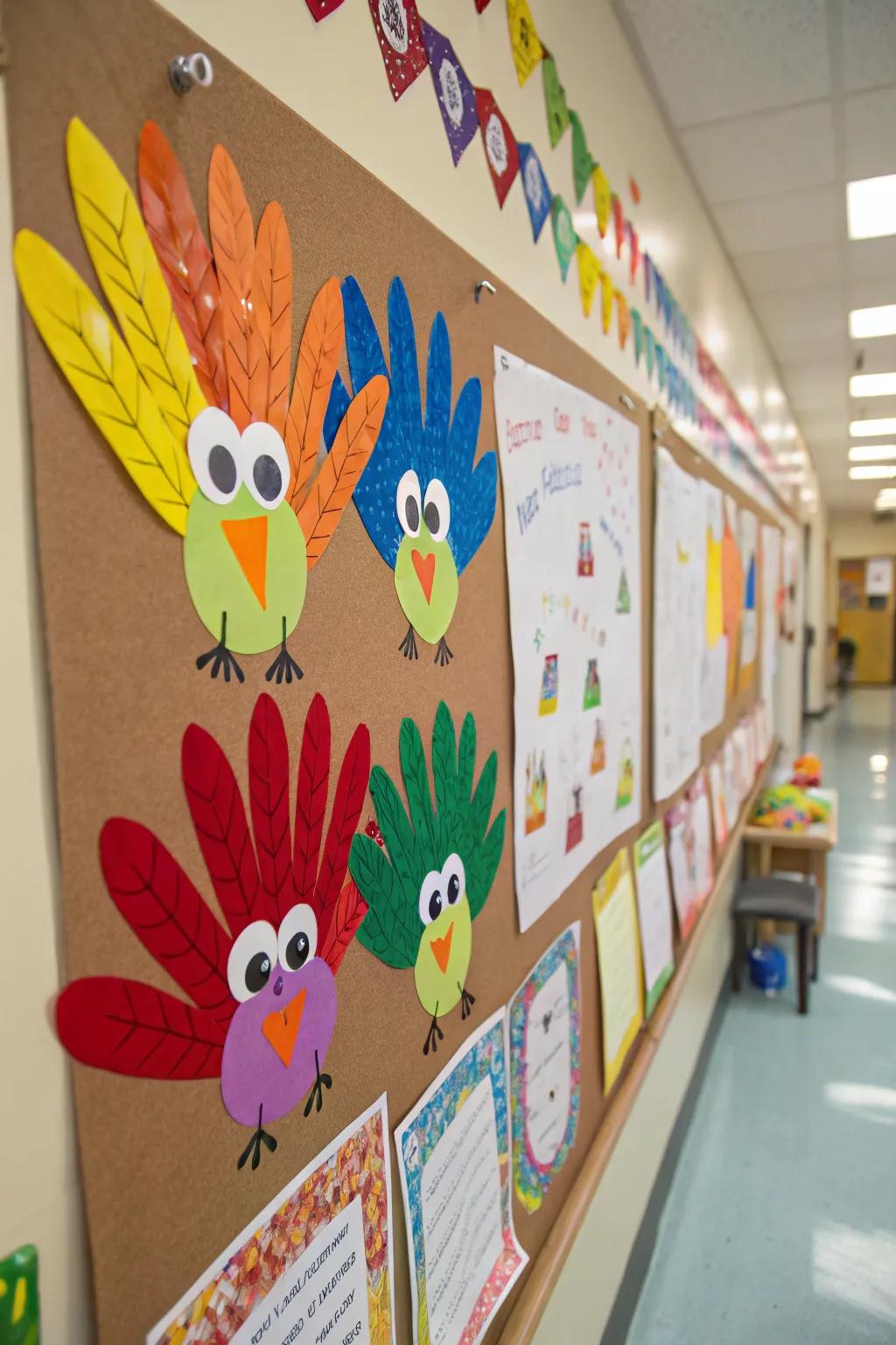 A delightful array of handprint gobblers crafted by preschoolers.