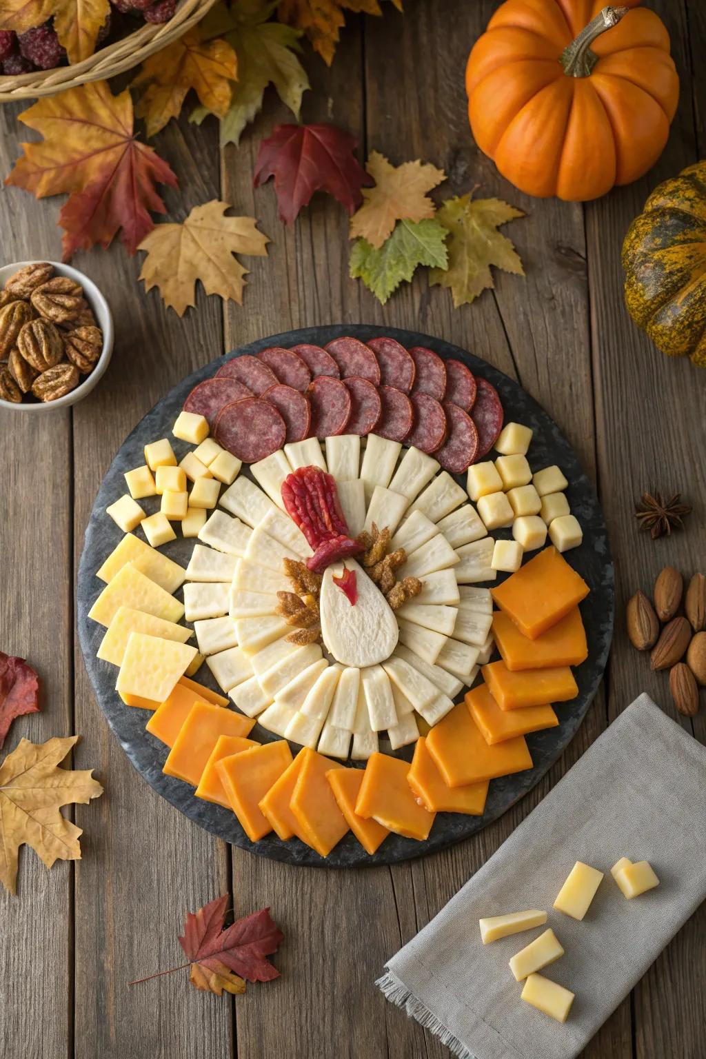 An artfully designed turkey-shaped cheese platter, setting the perfect festive tone.