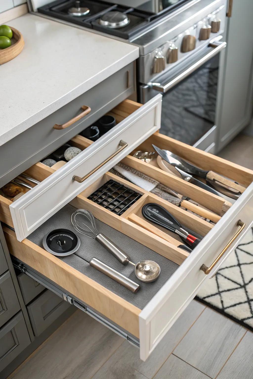 A modern kitchen featuring efficiently organized pull-out drawers.