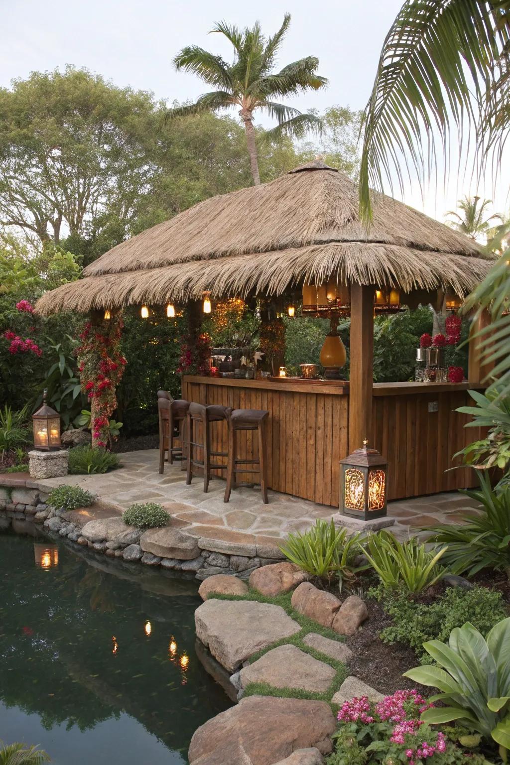 A traditional thatched roof bestows genuine tropical vibes upon your tiki bar.