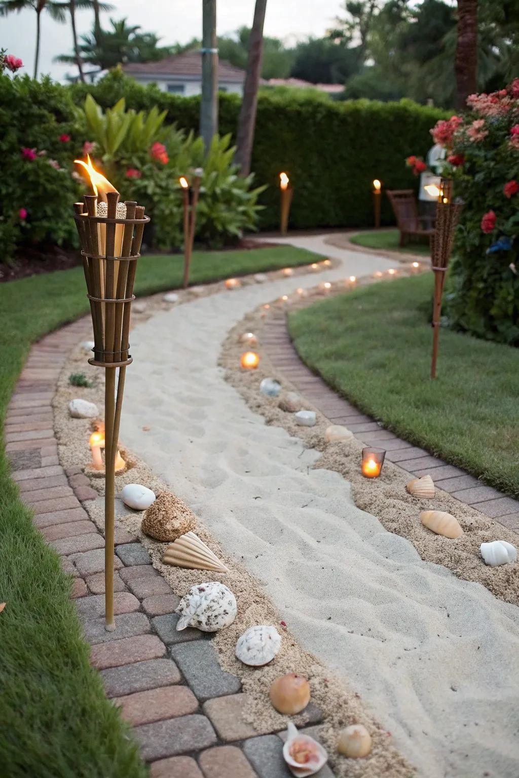Design a beach-inspired walkway with flame posts and seashells.