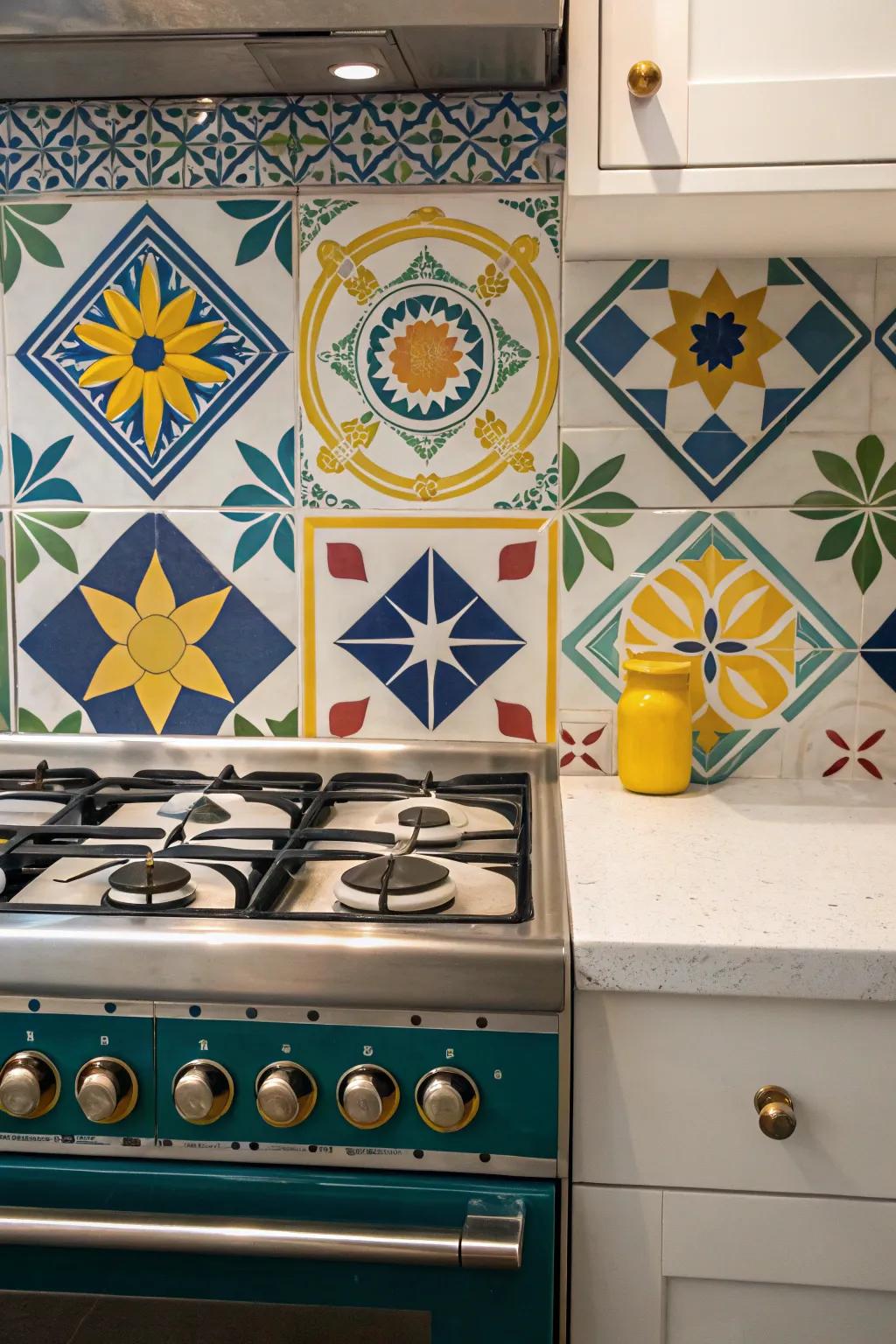 Bold geometric designs create a powerful statement as a stove backdrop.